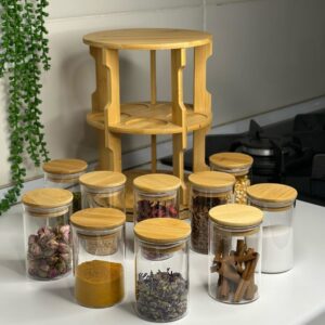 Rotating Spice Bamboo Tabletop Rack with 10pcs Jars
