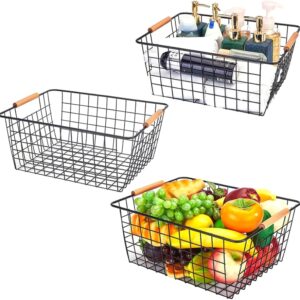 Multipurpose Classy Black & White Metallic Mesh Basket Wooden Handle