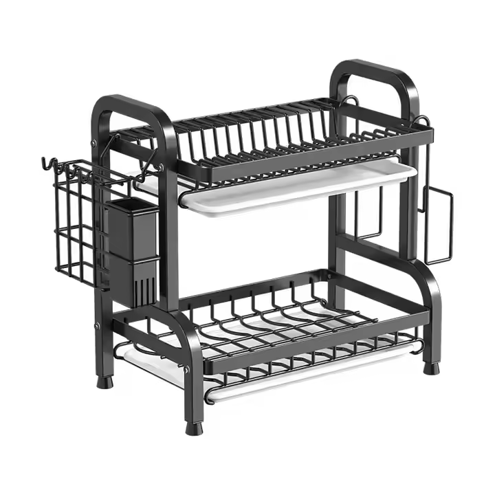 2Tier Carbon Steel Dish Rack with Cutlery Holder & Chop Board Holder