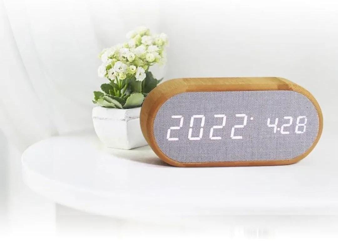 Wooden Digital Alarm Clock with Wireless Charging Display