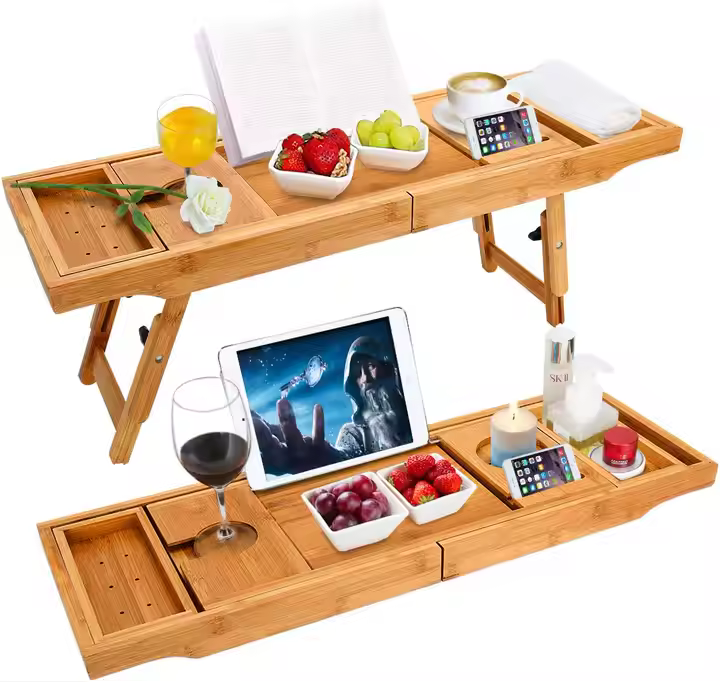 Expandable Bamboo Bathtub Caddy Tray / Breakfast Bed Table with Stands