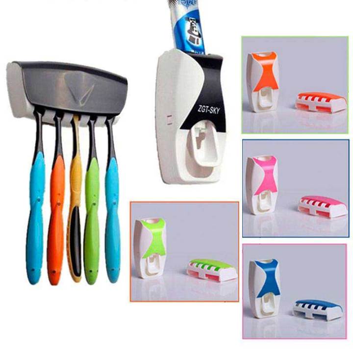 Toothpaste Dispenser with 5-Piece Toothbrush Holder