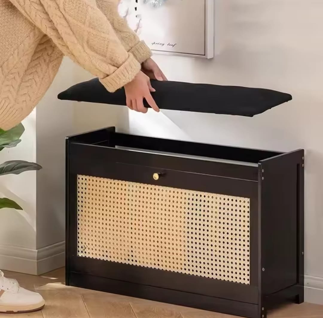 Wooden Stool with Bucket Flip Shoe Cabinet Rattan Design Available in Black and Brown