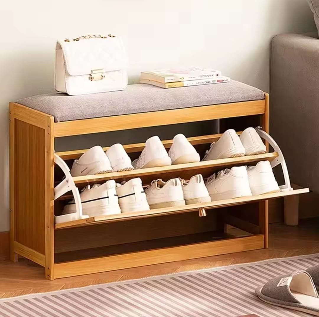 Wooden Stool with Bucket Flip Shoe Cabinet Rattan Design Available in Black and Brown