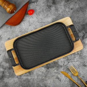 Thickened Rectangular Cast iron Sizzling Grill pan with wooden Base