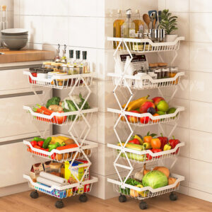 Foldable Storage Rack 5 Tier Movable Kitchen Organizer Shelf – Rust Proof Carbon Steel Trolley Rack White