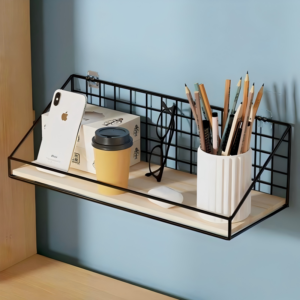 Wood Storage Display Shelf – Multifunction Metal Basket Wall Grid Organizer & Bathroom Shelf Rack