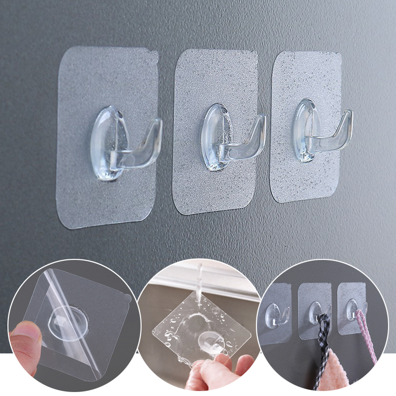 10Pcs Transparent Wall Hooks Strong Self Adhesive Traceless Hooks for Kitchen Bathroom