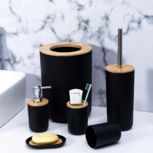 6pcs Bathroom Set with Bamboo Lid – Modern Bathroom Accessories Set with Toilet Brush & Garbage Bin