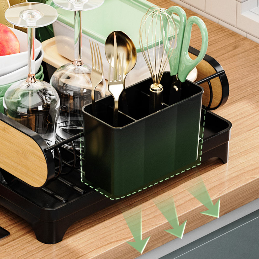 Compact Countertop Dish Drying Rack – Black & Wood-Grain