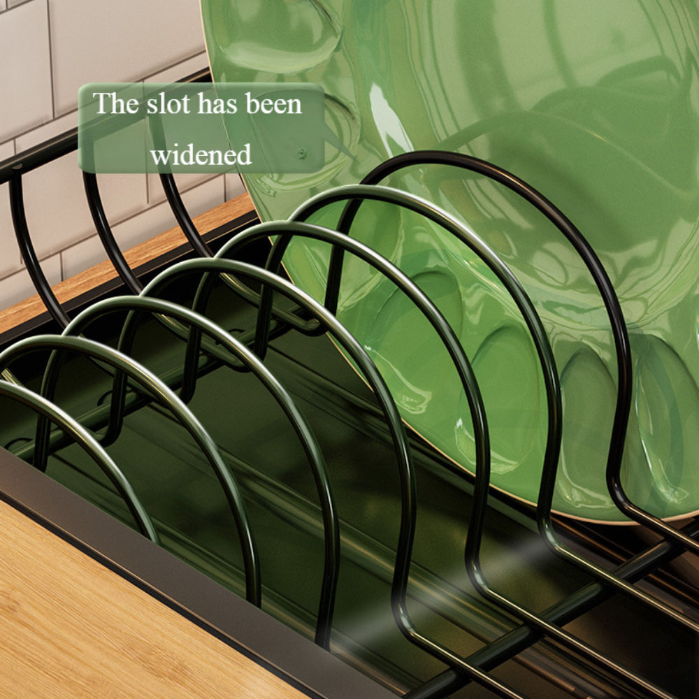 Compact Countertop Dish Drying Rack – Black & Wood-Grain
