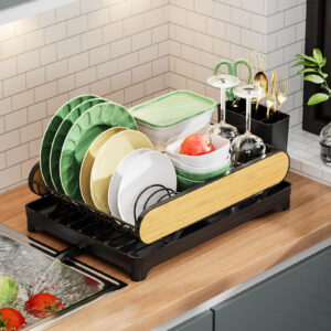 Compact Countertop Dish Drying Rack – Black & Wood-Grain
