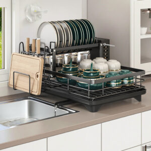 2 Tier Dish Rack with Cutlery Holder & Chop Board Holder – Black Carbon Steel