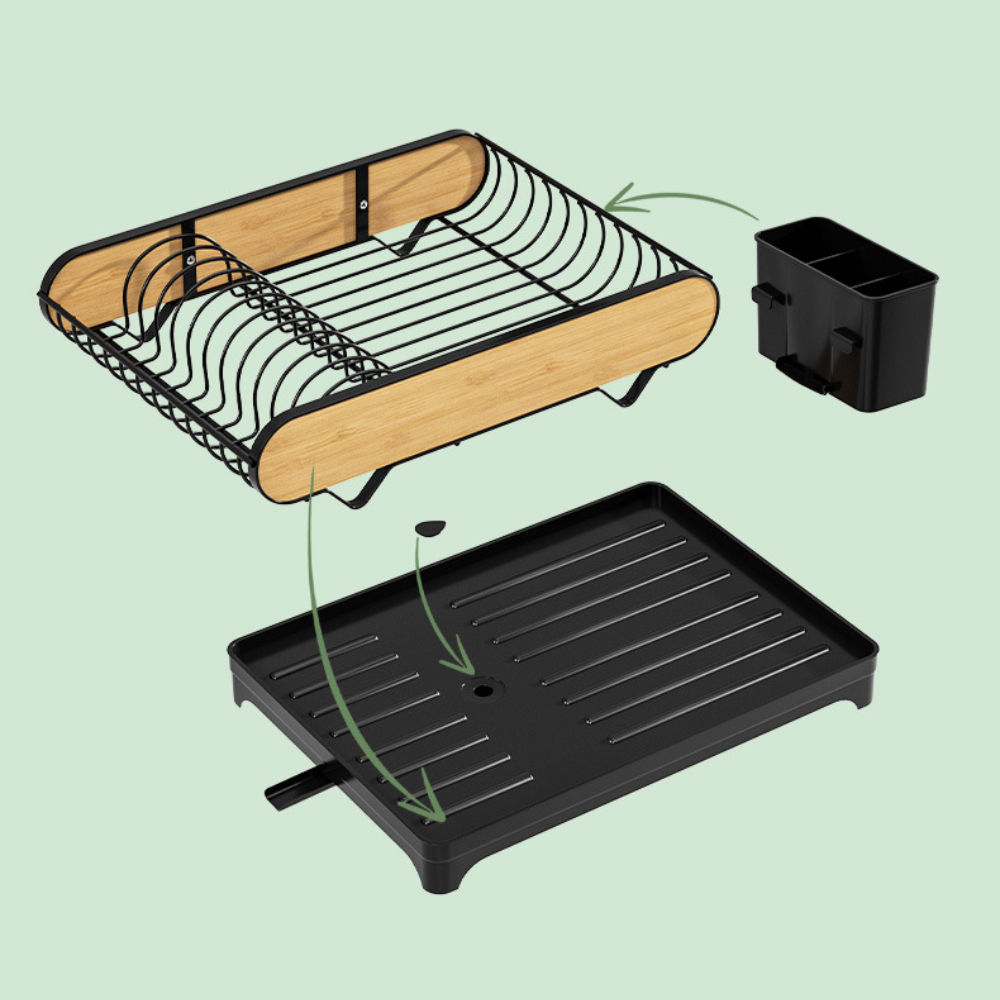 Compact Countertop Dish Drying Rack – Black & Wood-Grain