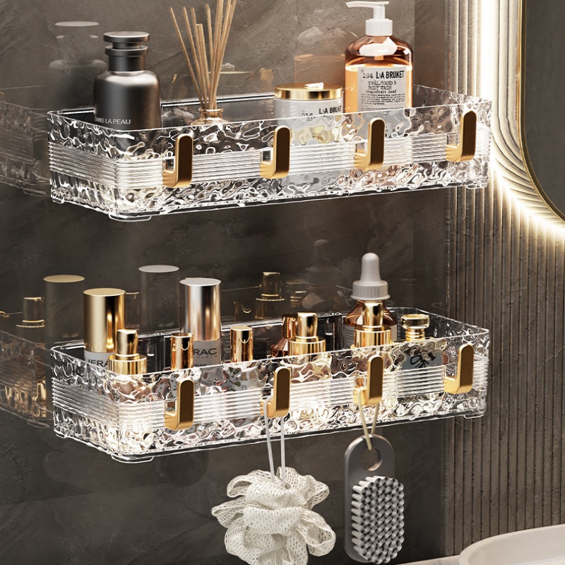 Acrylic Wave Patterned Storage Shelf with Gold Colored Hooks – No-Drill Wall Organizer