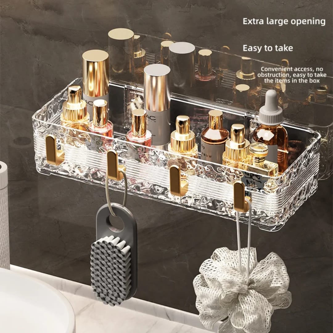 Acrylic Wave Patterned Storage Shelf with Gold Colored Hooks – No-Drill Wall Organizer