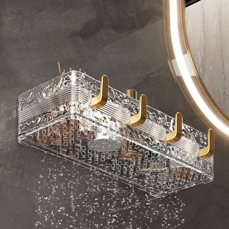 Acrylic Wave Patterned Storage Shelf with Gold Colored Hooks – No-Drill Wall Organizer