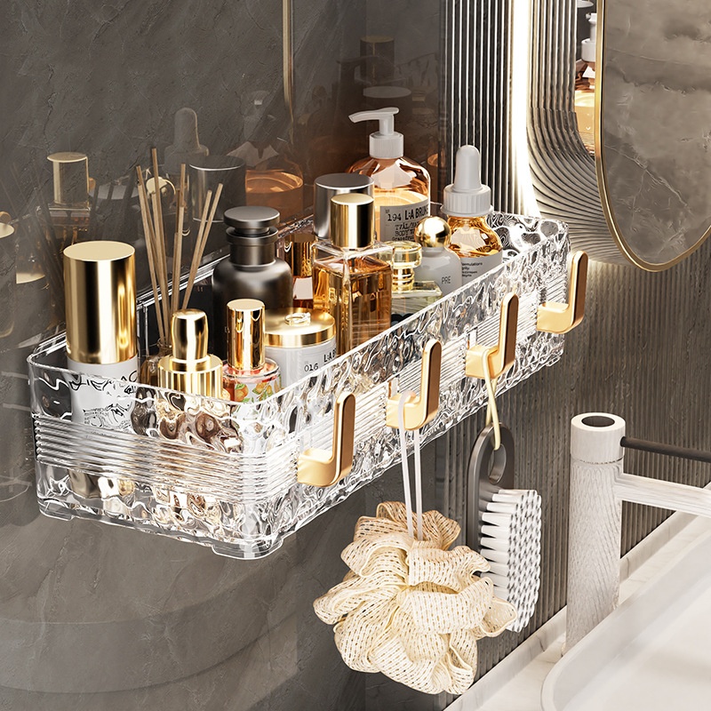 Acrylic Wave Patterned Storage Shelf with Gold Colored Hooks – No-Drill Wall Organizer