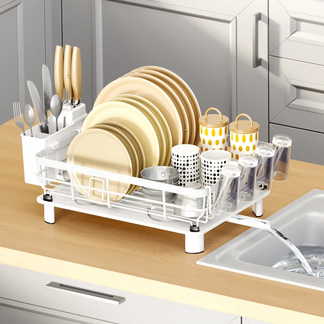 Minimalist Countertop Dish Drying Rack with Drainage Spout & Utensil Holder