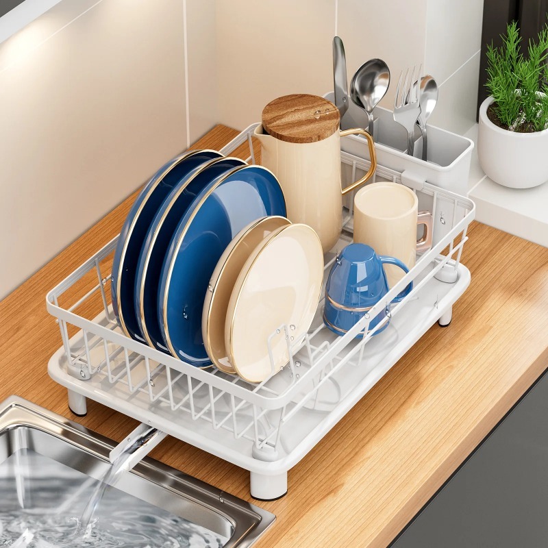 Minimalist Countertop Dish Drying Rack with Drainage Spout & Utensil Holder