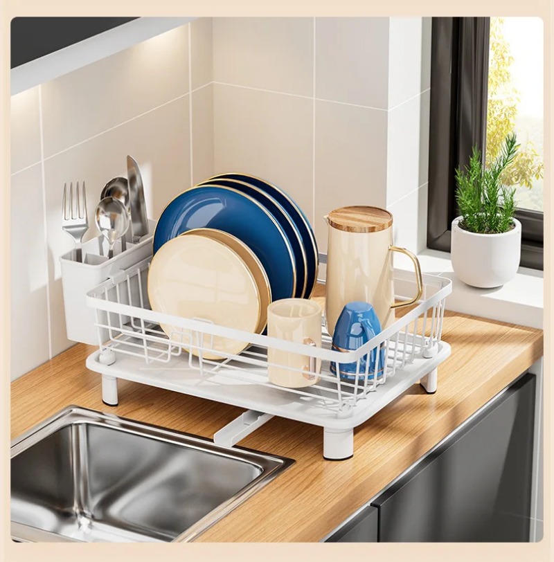 Minimalist Countertop Dish Drying Rack with Drainage Spout & Utensil Holder