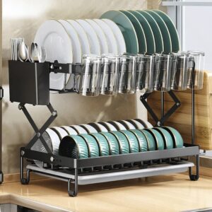 2 Tier Dish Rack with Cutlery Holder & Chop Board Holder – Black Carbon Steel
