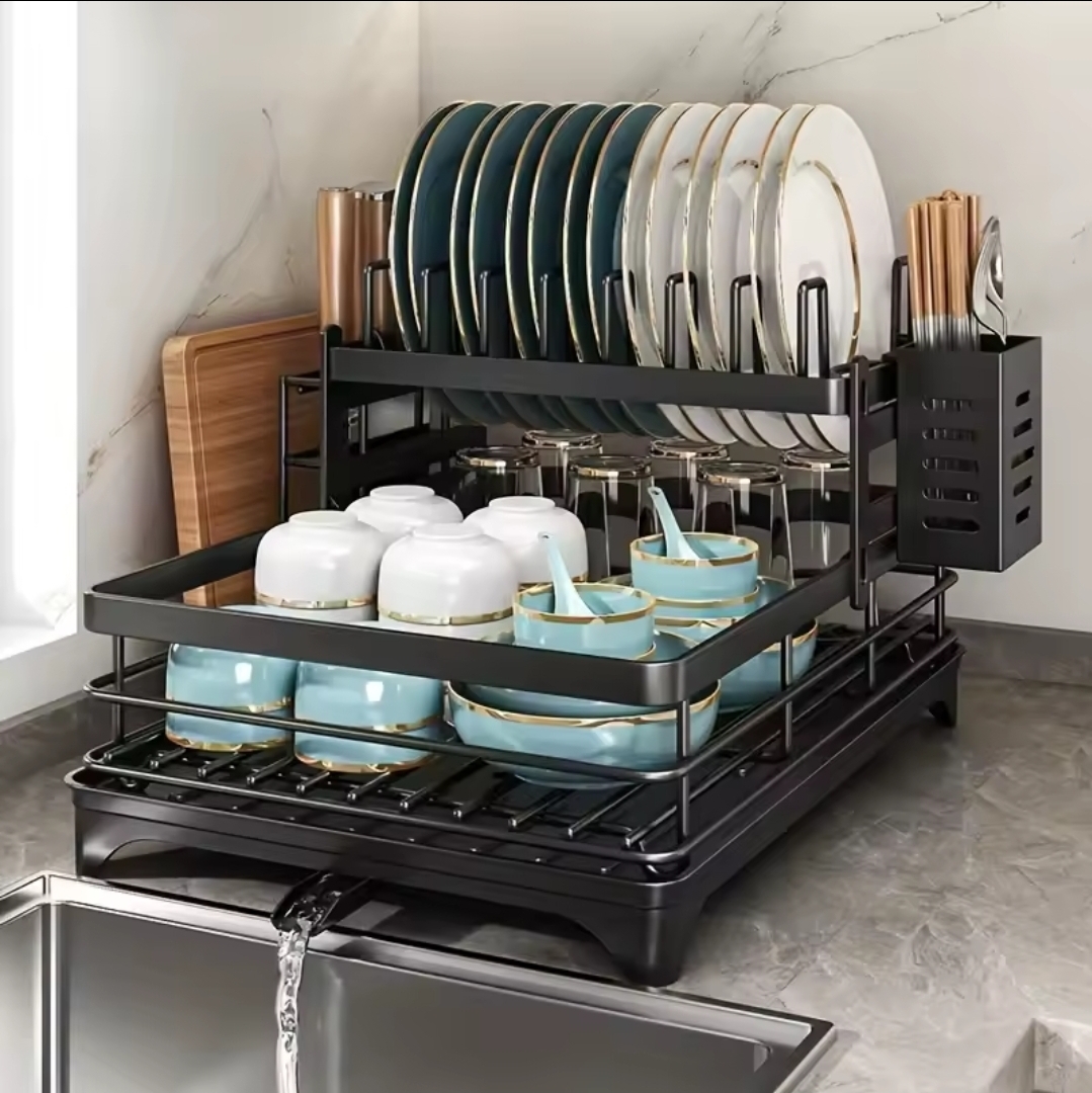 2 Tier Carbon Steel Dish Drying Rack with Drainboard & Utensils Holder – Black/White - Image 2