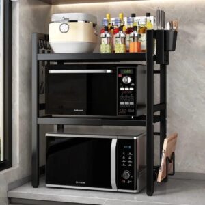 Double Layer Heavy-duty Adjustable Microwave Stand – Black Carbon Steel Kitchen Rack