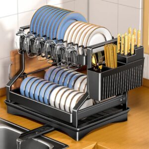 2 Tier Carbon Steel Dish Drying Rack with Drainboard & Utensils Holder – Black/White