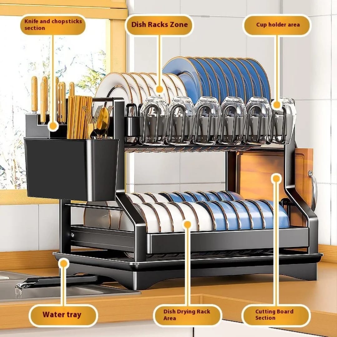 2 Tier Carbon Steel Dish Drying Rack with Drainboard & Utensils Holder – Black/White