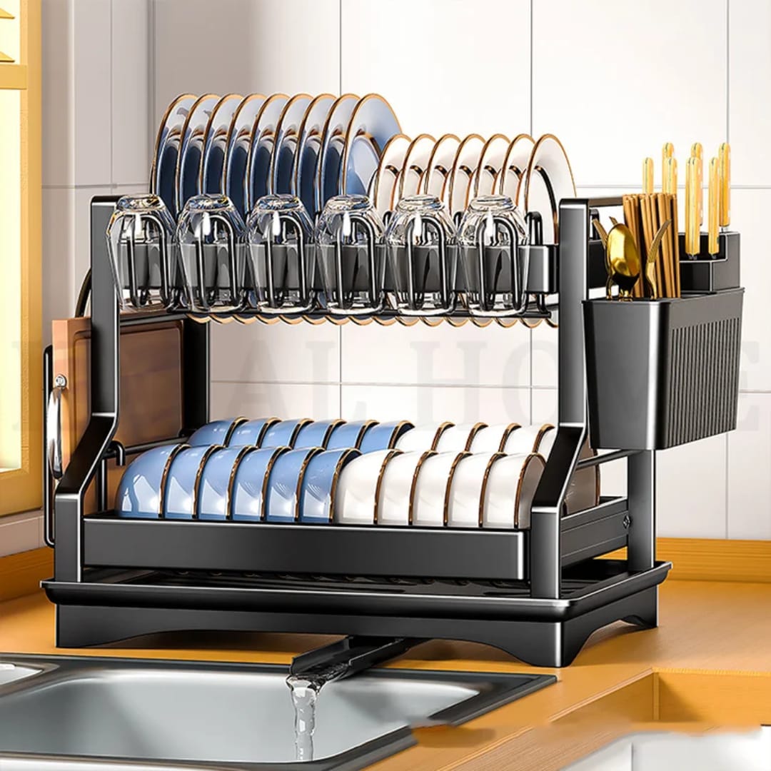 2 Tier Carbon Steel Dish Drying Rack with Drainboard & Utensils Holder – Black/White