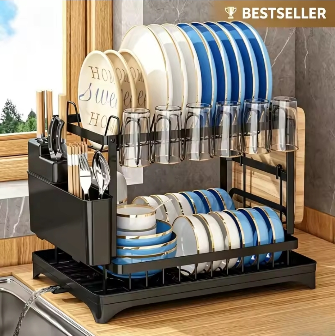 Classy High Quality 2 Tier Dish Rack – Carbon Steel Dish Drainer with Spoon Holder & Chopping Board Rack