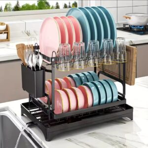 Classy High Quality 2 Tier Dish Rack – Carbon Steel Dish Drainer with Spoon Holder & Chopping Board Rack