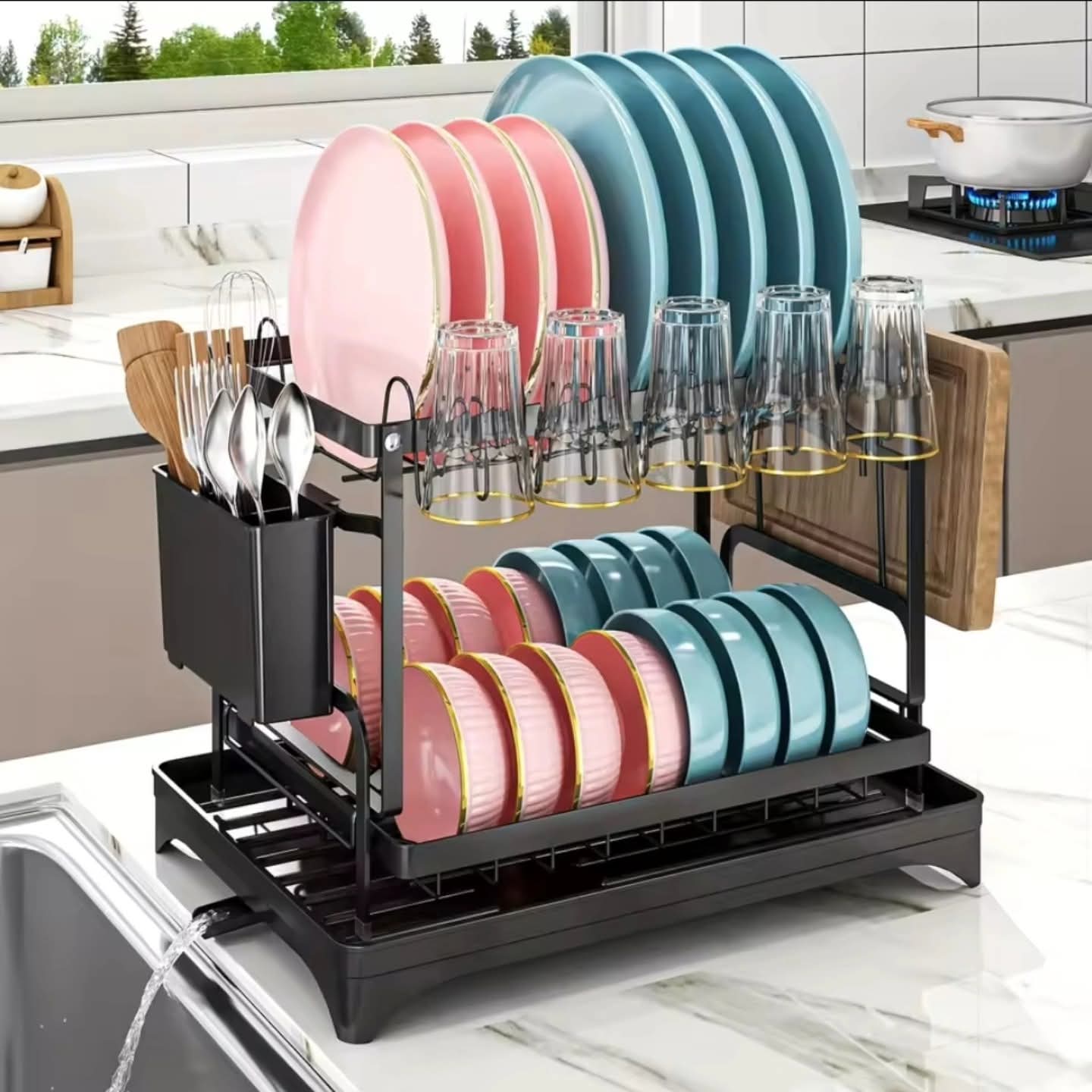 Classy High Quality 2 Tier Dish Rack – Carbon Steel Dish Drainer with Spoon Holder & Chopping Board Rack