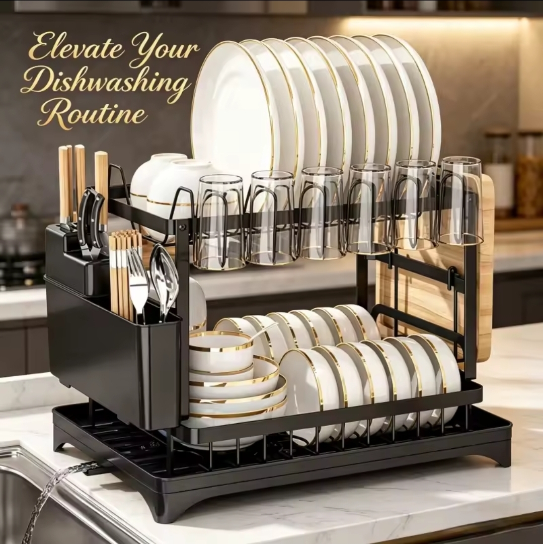 Classy High Quality 2 Tier Dish Rack – Carbon Steel Dish Drainer with Spoon Holder & Chopping Board Rack