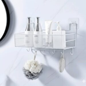 Wall-mounted  bathroom shelf shower shampoo rack with hooks.